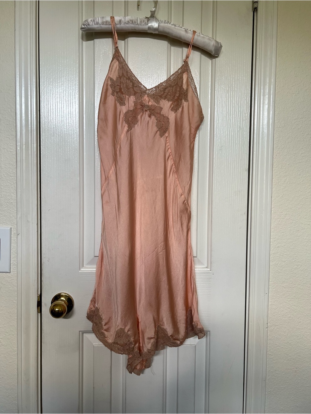 Delicate Peach Lace-Trim Chemise with Adjustable Straps
